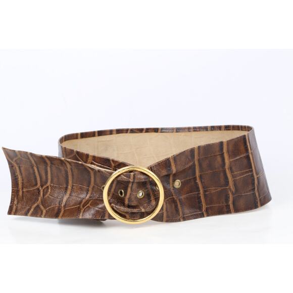 Vintage Croco Print Leather Belt Brown Wide Gold Round Buckle Size S main image 15